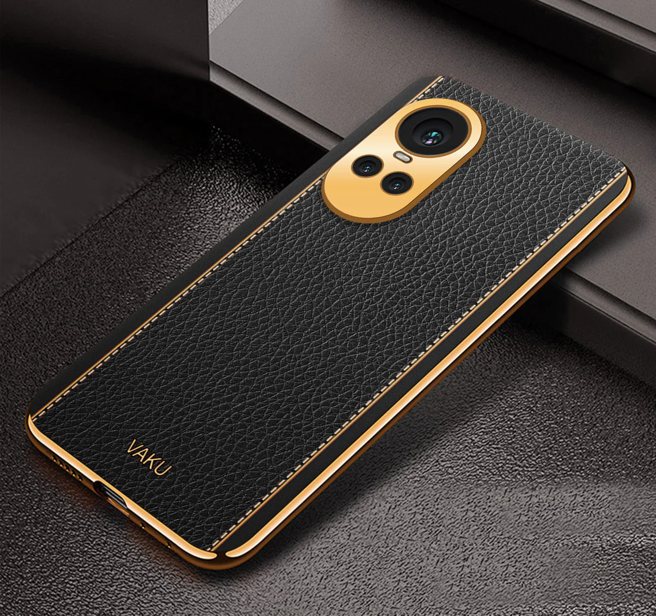 Vaku® Oppo Reno10 5G Luxemberg Leather Pattern Gold Electroplated Soft TPU Back Cover - Image 2