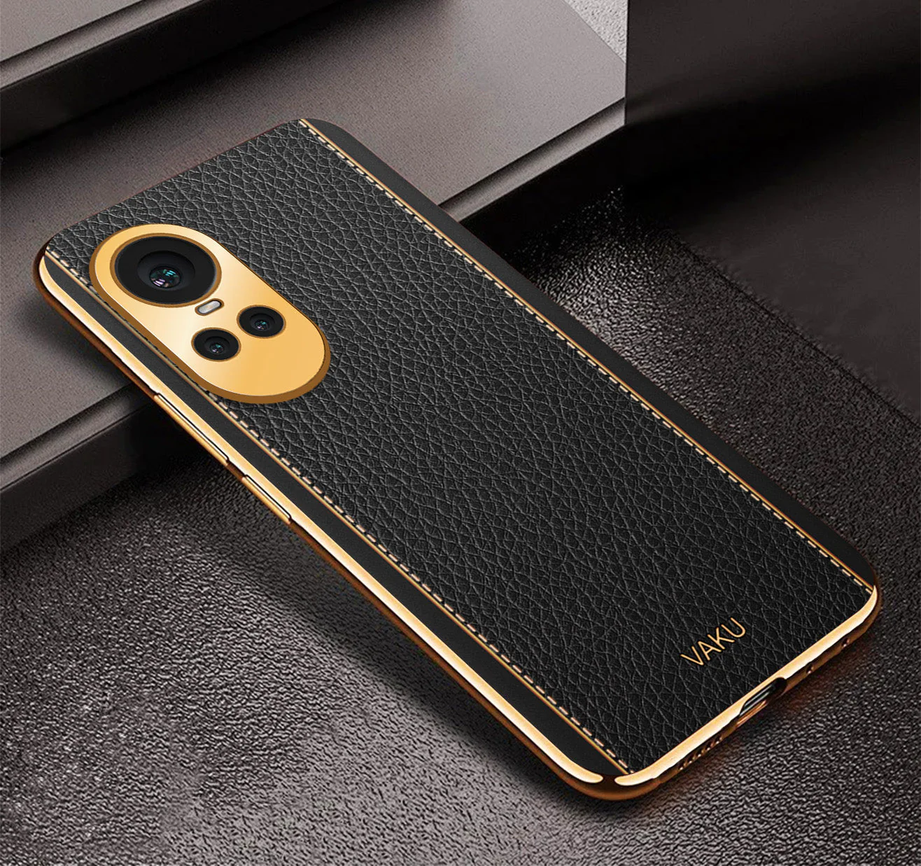 Vaku® Oppo Reno10 5G Luxemberg Leather Pattern Gold Electroplated Soft TPU Back Cover - Image 7