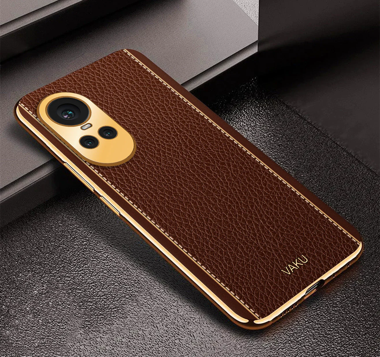 Vaku® Oppo Reno10 Pro 5G Luxemberg Leather Pattern Gold Electroplated Soft TPU Back Cover - Image 3
