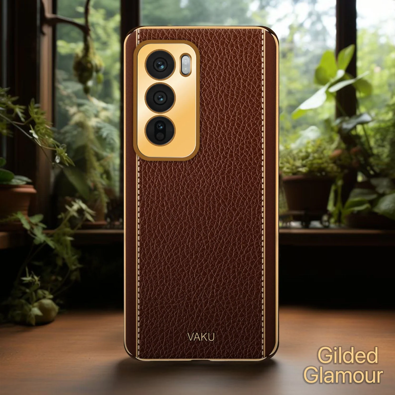 Vaku ® Oppo Reno12 5G Luxemberg Leather Pattern Gold Electroplated Soft TPU Back Cover - Image 11