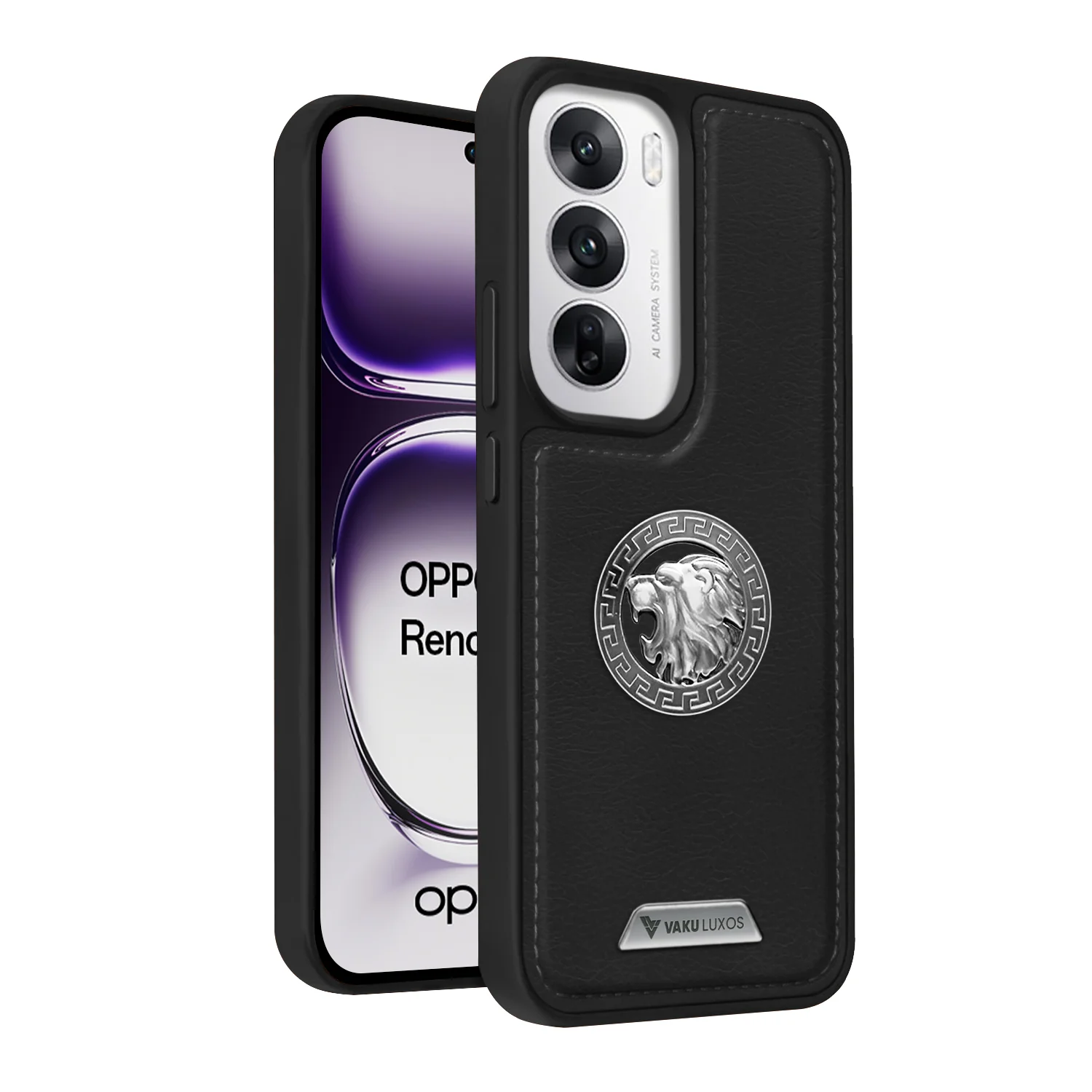 Vaku ® Oppo Reno12 5G Regal Shield Metal Lion Engraved Leather Back Cover - Image 2