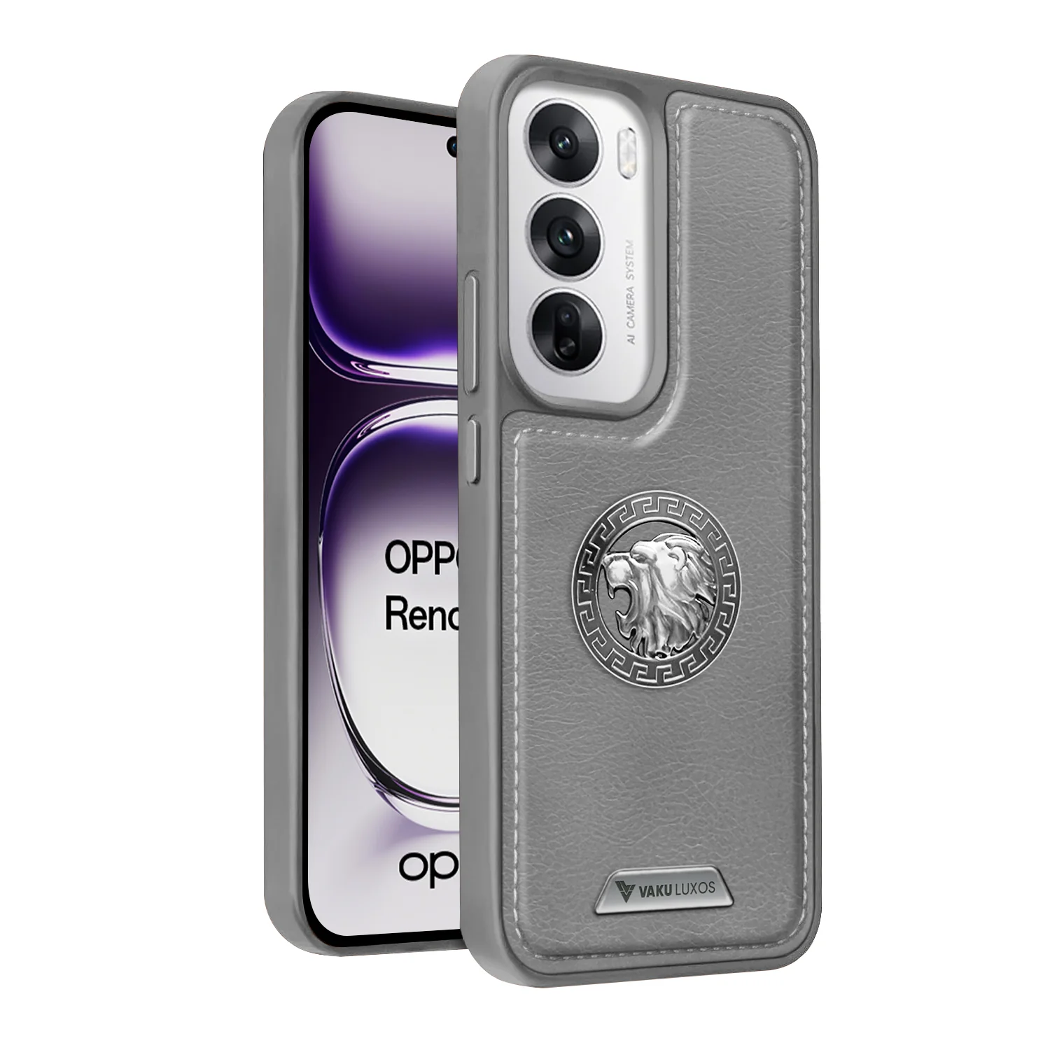 Vaku ® Oppo Reno12 5G Regal Shield Metal Lion Engraved Leather Back Cover - Image 3