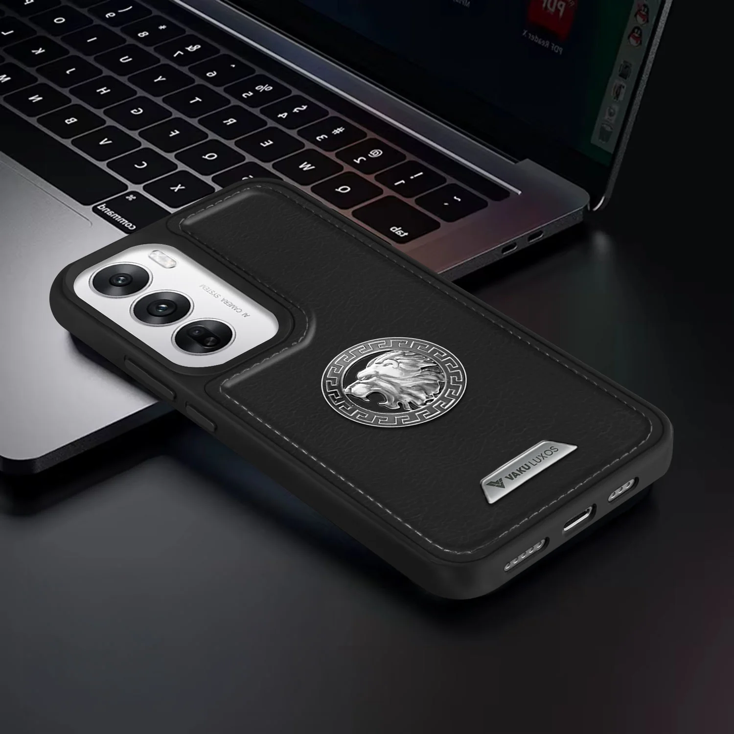 Vaku ® Oppo Reno12 5G Regal Shield Metal Lion Engraved Leather Back Cover - Image 6