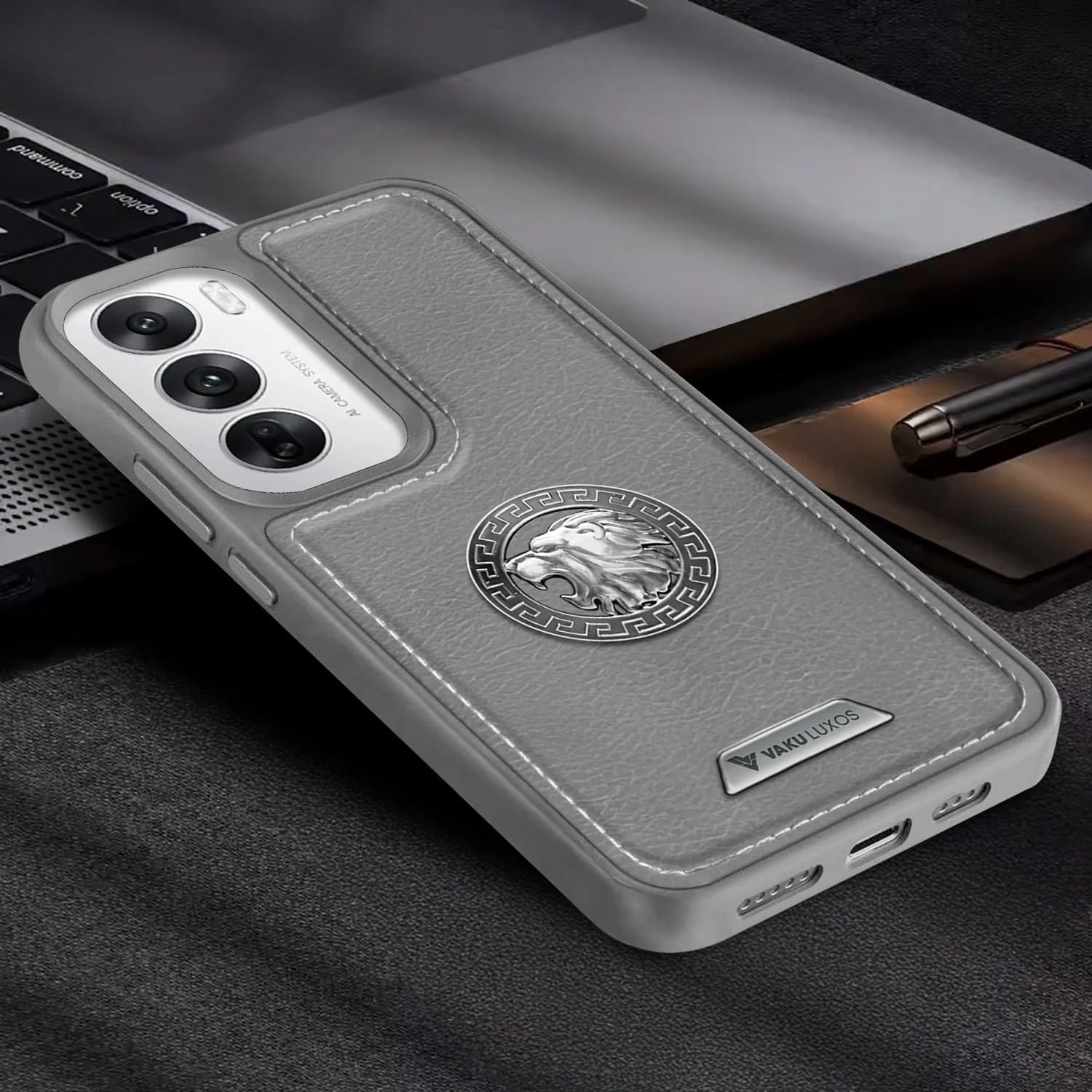Vaku ® Oppo Reno12 Pro Regal Shield Metal Lion Engraved Leather Back Cover - Image 10