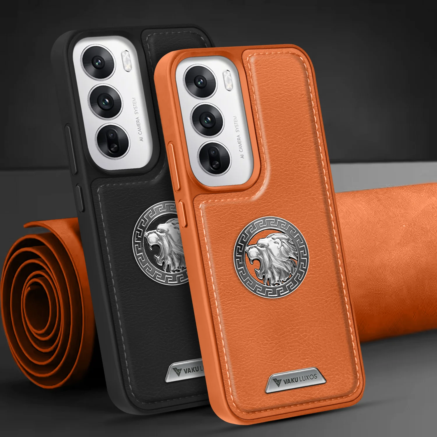 Vaku ® Oppo Reno12 Pro Regal Shield Metal Lion Engraved Leather Back Cover - Image 11