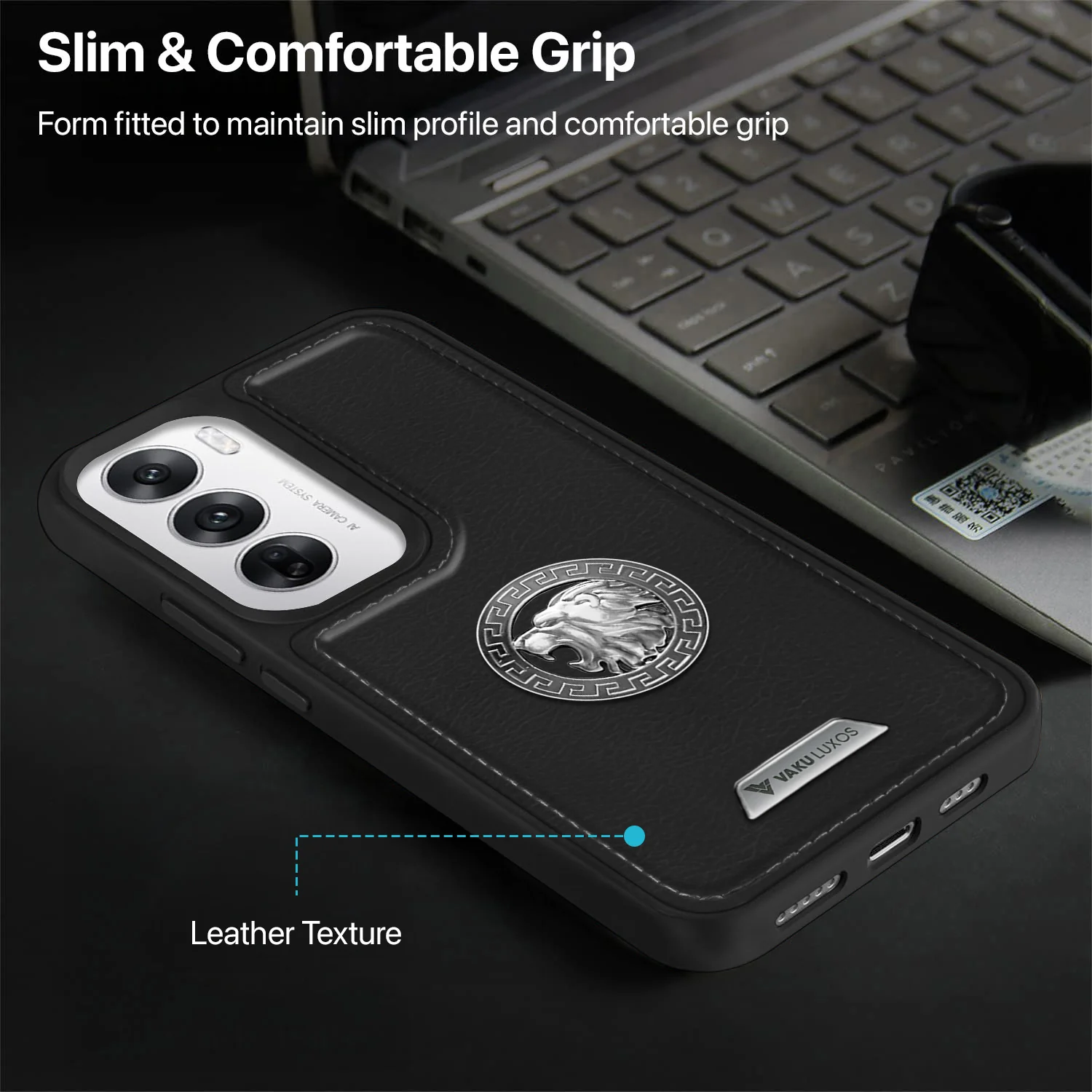 Vaku ® Oppo Reno12 Pro Regal Shield Metal Lion Engraved Leather Back Cover - Image 12