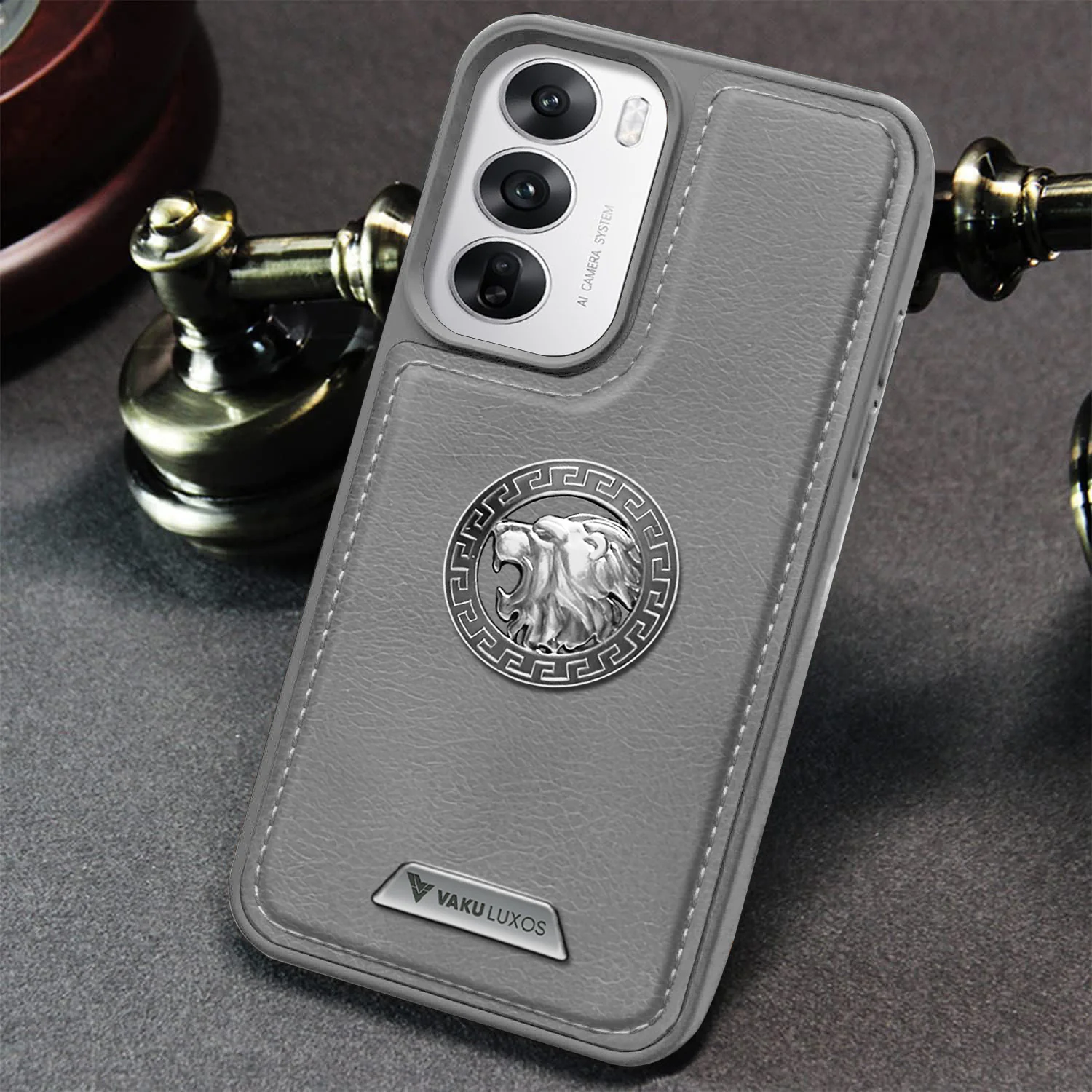 Vaku ® Oppo Reno12 Pro Regal Shield Metal Lion Engraved Leather Back Cover - Image 13