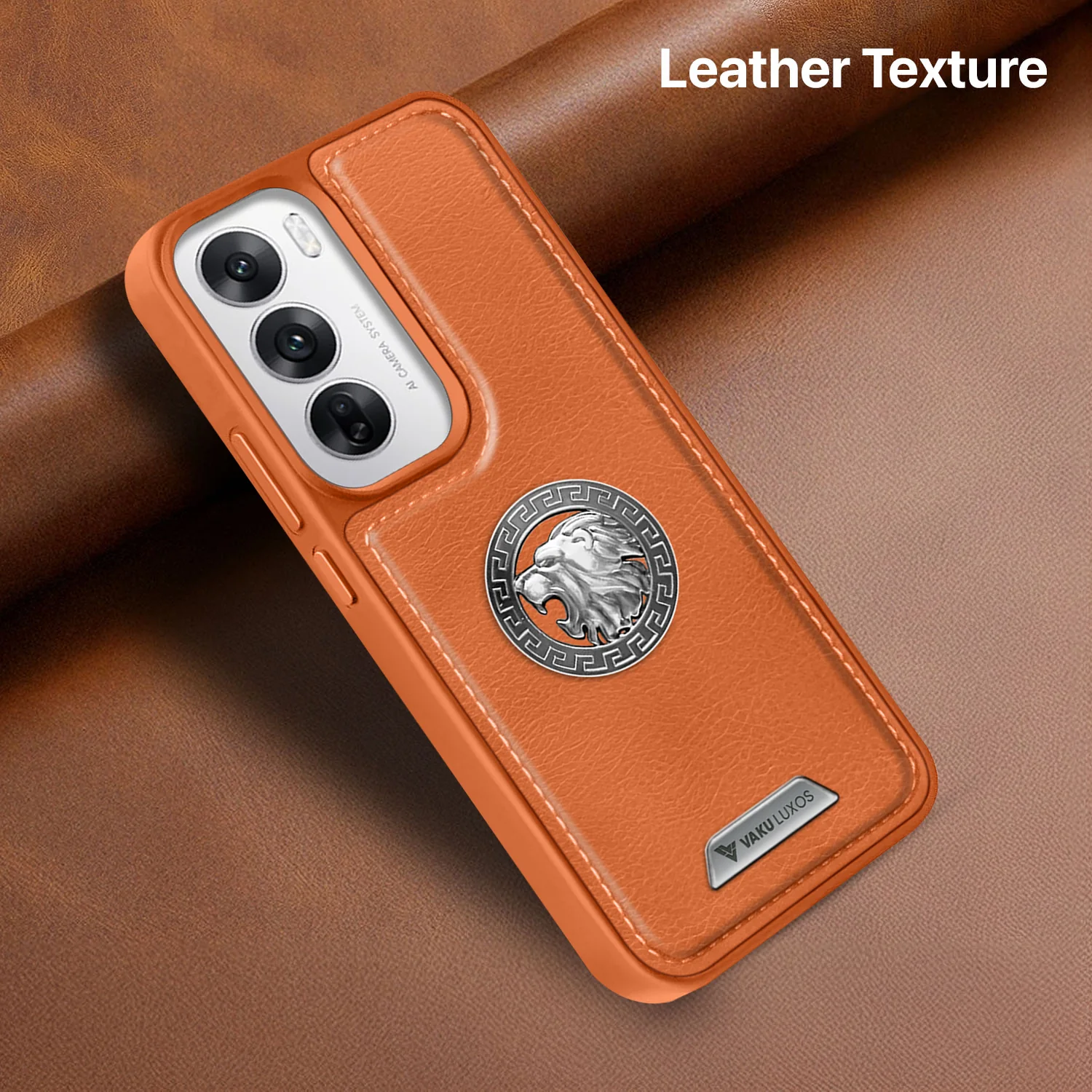 Vaku ® Oppo Reno12 Pro Regal Shield Metal Lion Engraved Leather Back Cover - Image 7