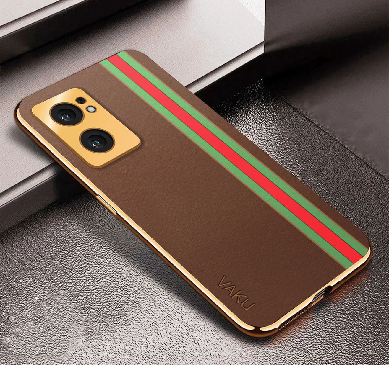 Vaku® Oppo Reno7 5G Felix Line Leather Stitched Gold Electroplated Soft TPU Back Cover Case - Image 10