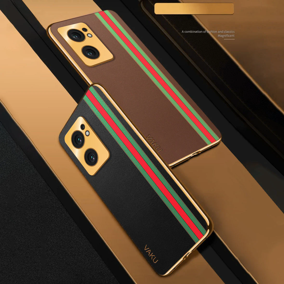 Vaku® Oppo Reno7 5G Felix Line Leather Stitched Gold Electroplated Soft TPU Back Cover Case - Image 11