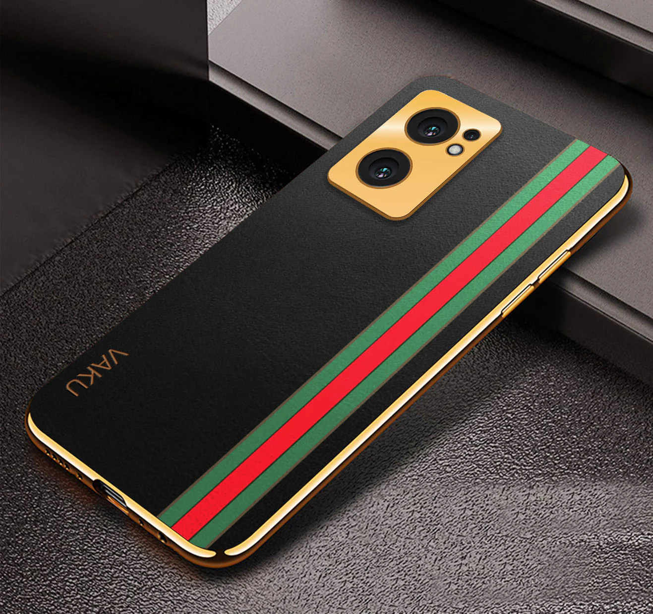 Vaku® Oppo Reno7 5G Felix Line Leather Stitched Gold Electroplated Soft TPU Back Cover Case - Image 2