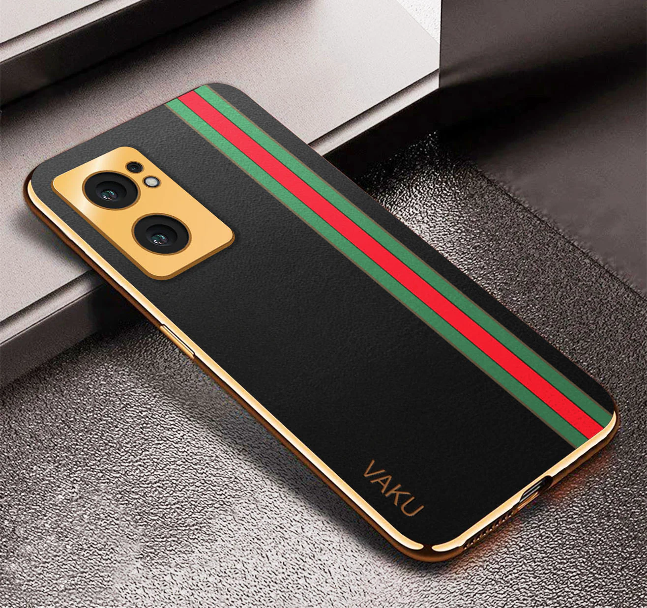 Vaku® Oppo Reno7 5G Felix Line Leather Stitched Gold Electroplated Soft TPU Back Cover Case - Image 3