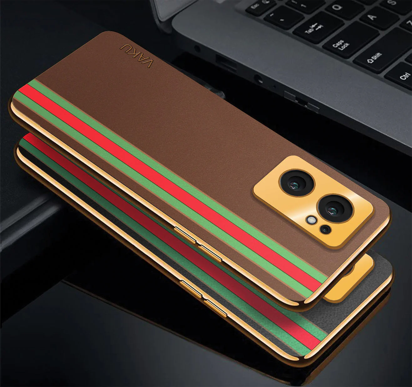 Vaku® Oppo Reno7 5G Felix Line Leather Stitched Gold Electroplated Soft TPU Back Cover Case - Image 4