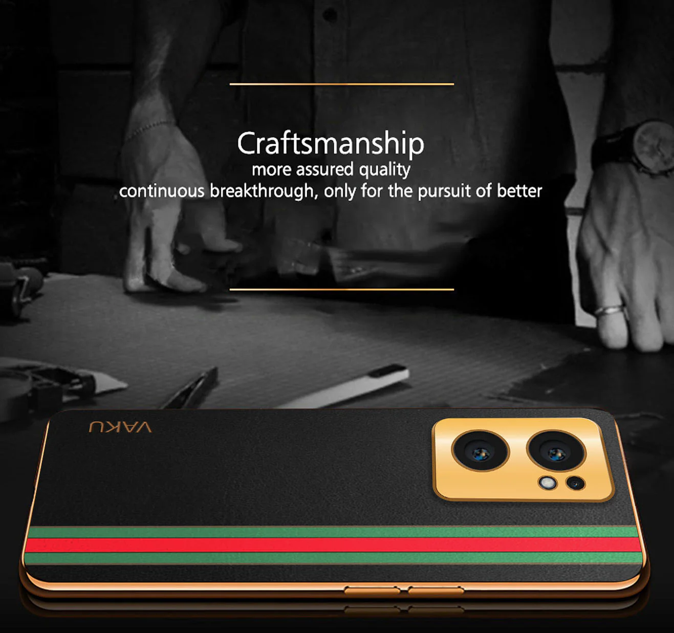 Vaku® Oppo Reno7 5G Felix Line Leather Stitched Gold Electroplated Soft TPU Back Cover Case - Image 5