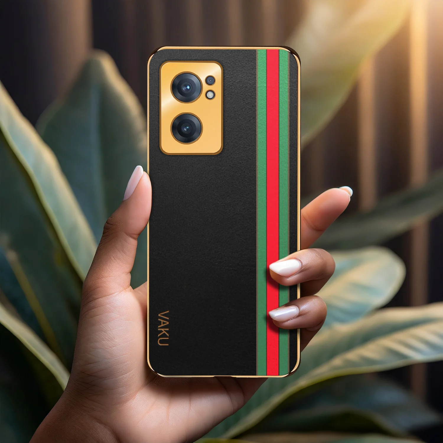 Vaku® Oppo Reno7 5G Felix Line Leather Stitched Gold Electroplated Soft TPU Back Cover Case - Image 9