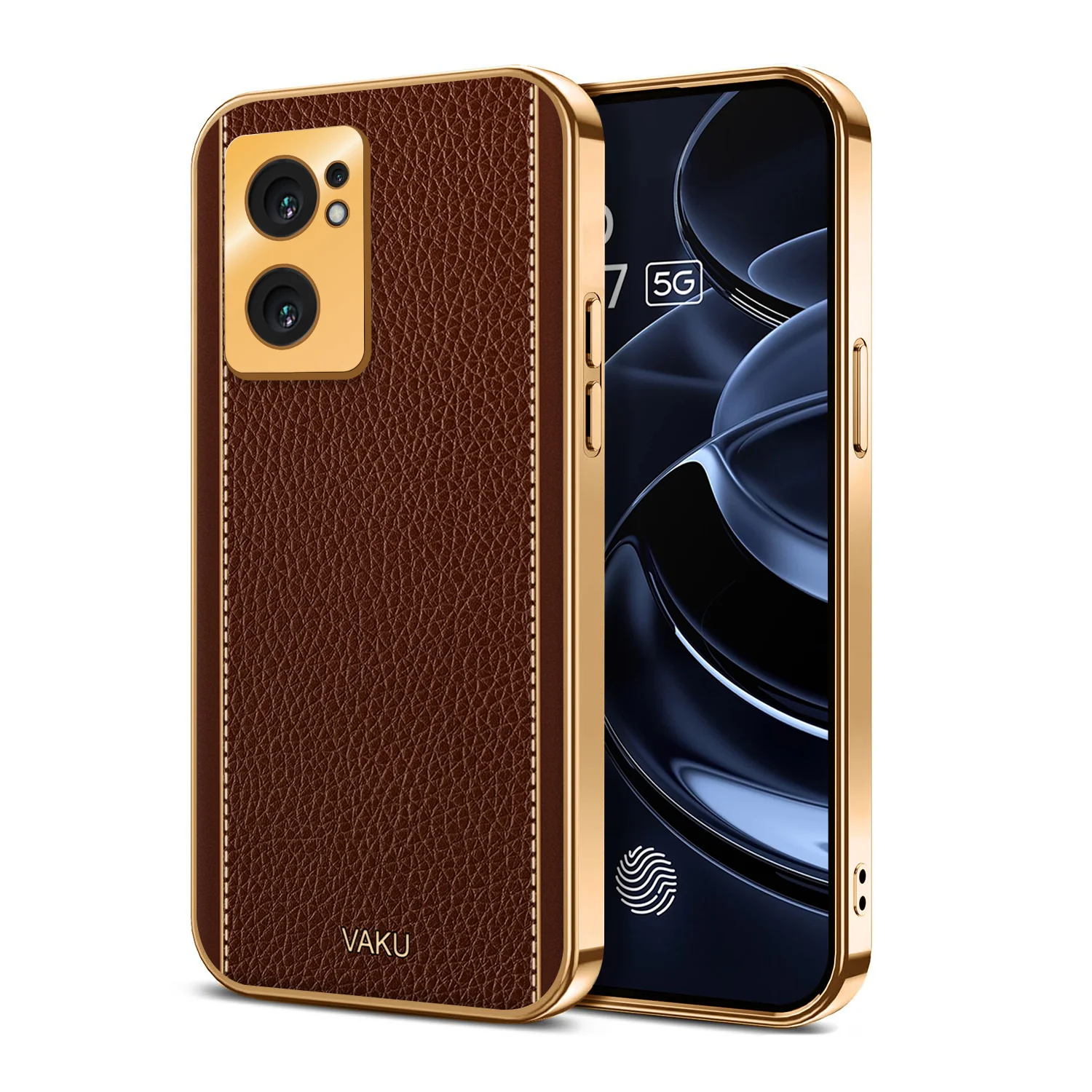 Vaku® Oppo Reno7 5G Luxemberg Series Leather Stitched Gold Electroplated Soft TPU Back Cover - Image 10