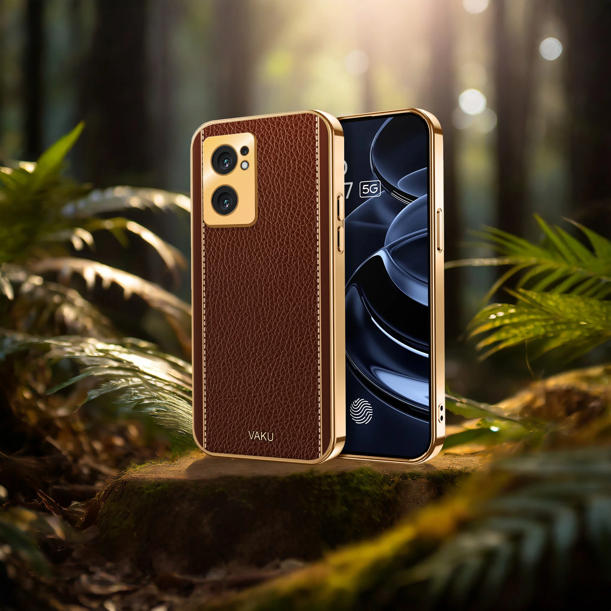 Vaku® Oppo Reno7 5G Luxemberg Series Leather Stitched Gold Electroplated Soft TPU Back Cover - Image 11