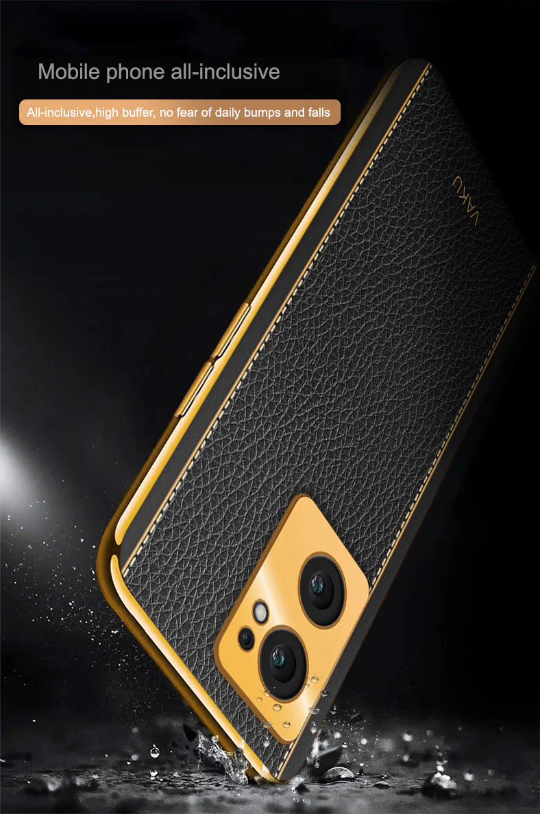 Vaku® Oppo Reno7 5G Luxemberg Series Leather Stitched Gold Electroplated Soft TPU Back Cover - Image 15