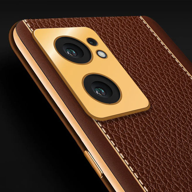 Vaku® Oppo Reno7 5G Luxemberg Series Leather Stitched Gold Electroplated Soft TPU Back Cover - Image 2