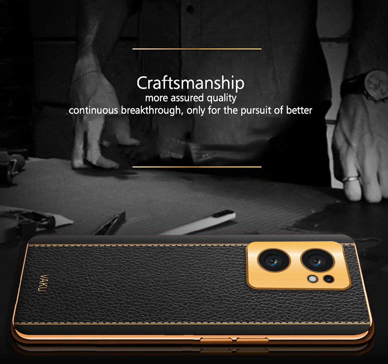Vaku® Oppo Reno7 5G Luxemberg Series Leather Stitched Gold Electroplated Soft TPU Back Cover - Image 4