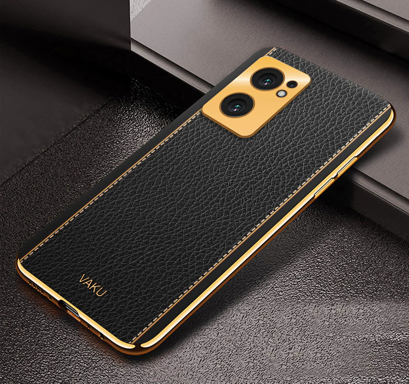 Vaku® Oppo Reno7 5G Luxemberg Series Leather Stitched Gold Electroplated Soft TPU Back Cover - Image 5