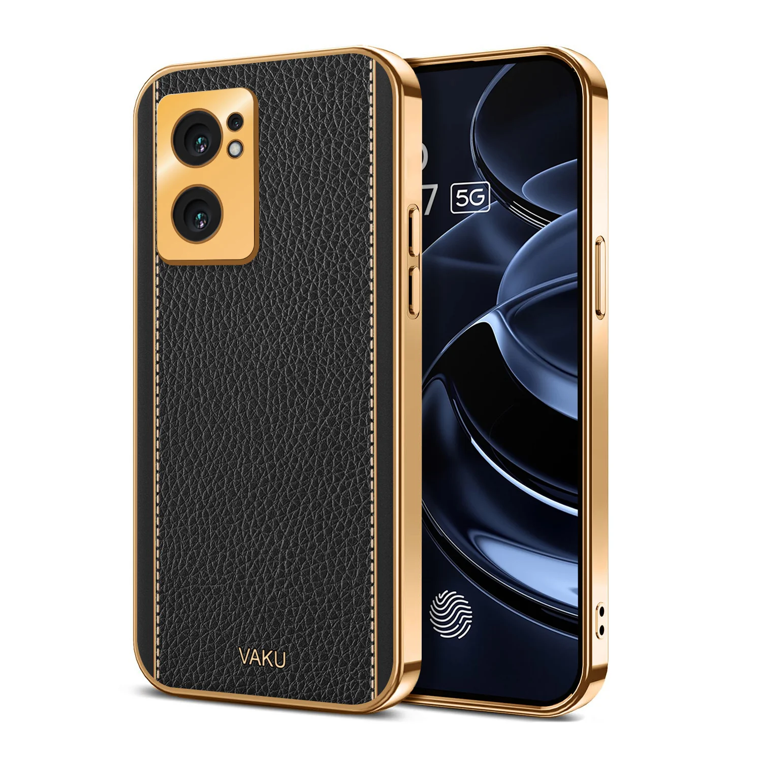 Vaku® Oppo Reno7 5G Luxemberg Series Leather Stitched Gold Electroplated Soft TPU Back Cover - Image 6