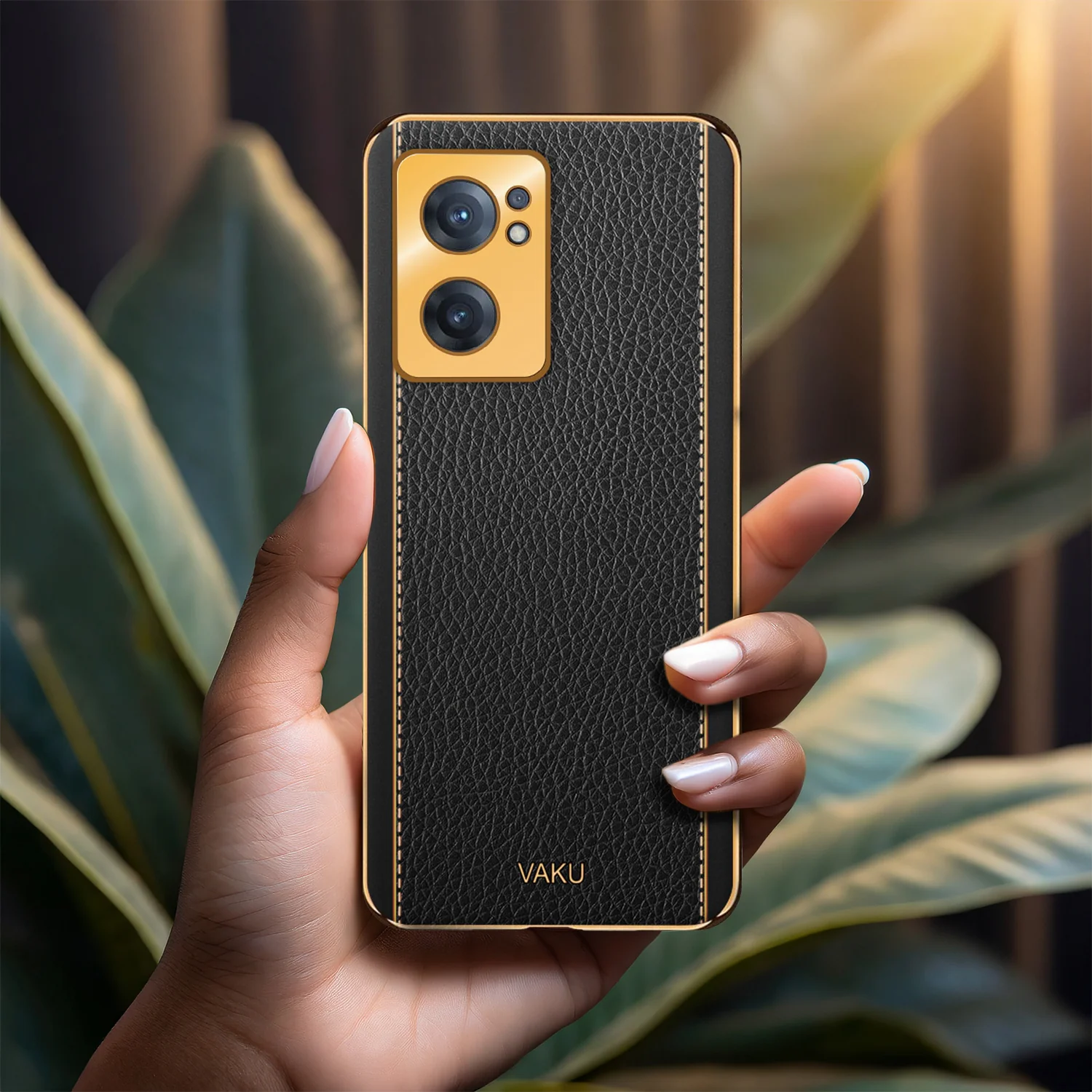 Vaku® Oppo Reno7 5G Luxemberg Series Leather Stitched Gold Electroplated Soft TPU Back Cover - Image 9