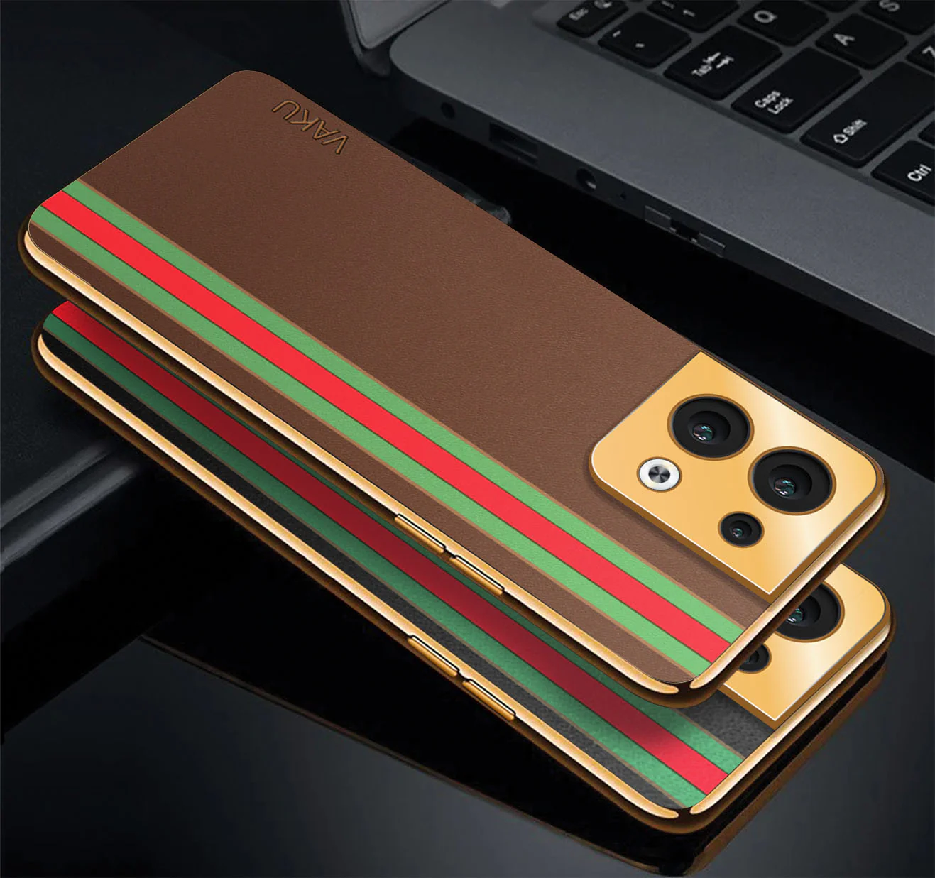 Vaku® Oppo Reno8 5G Felix Line Leather Stitched Gold Electroplated Soft TPU Back Cover Case - Image 5