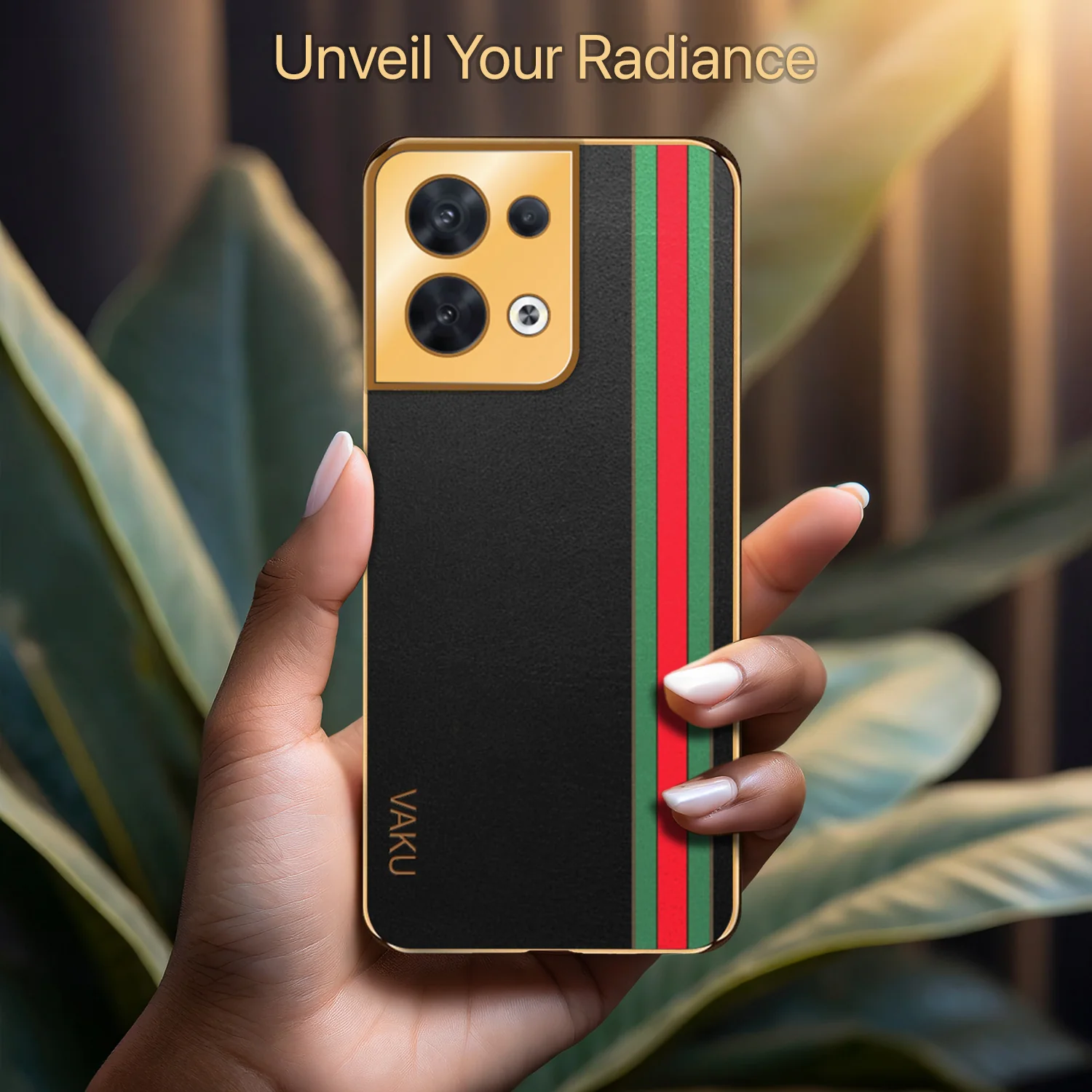 Vaku® Oppo Reno8 5G Felix Line Leather Stitched Gold Electroplated Soft TPU Back Cover Case - Image 8