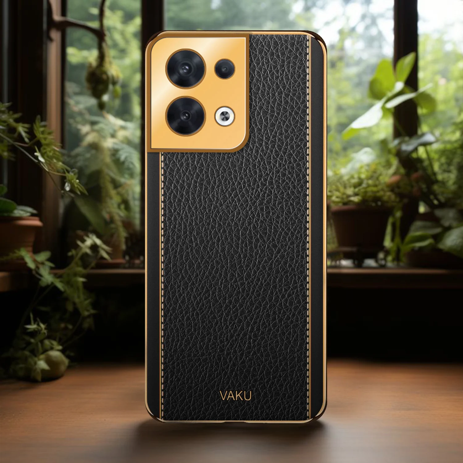 Vaku ® Oppo Reno8 5G Luxemberg Series Leather Stitched Gold Electroplated Soft TPU Back Cover - Image 10