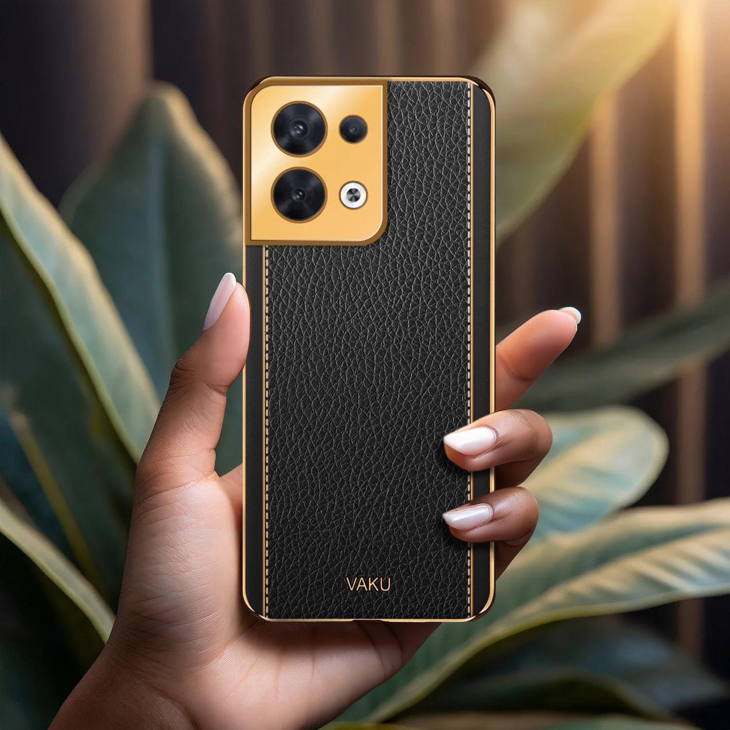 Vaku ® Oppo Reno8 5G Luxemberg Series Leather Stitched Gold Electroplated Soft TPU Back Cover - Image 11