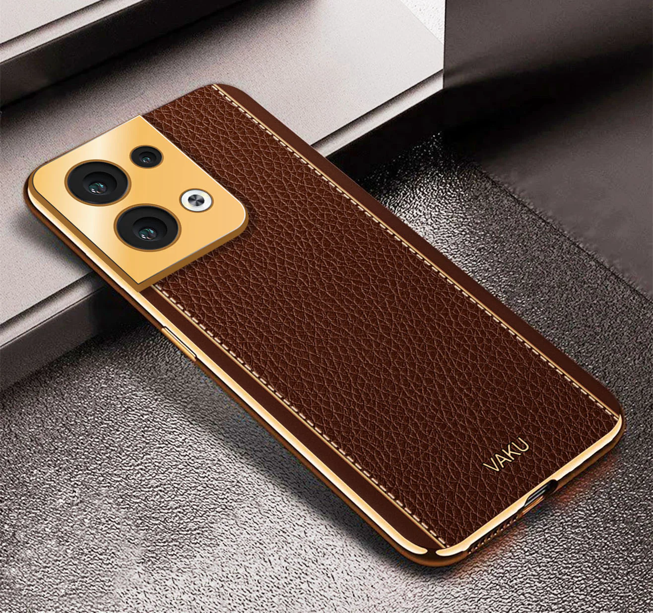 Vaku ® Oppo Reno8 5G Luxemberg Series Leather Stitched Gold Electroplated Soft TPU Back Cover - Image 12