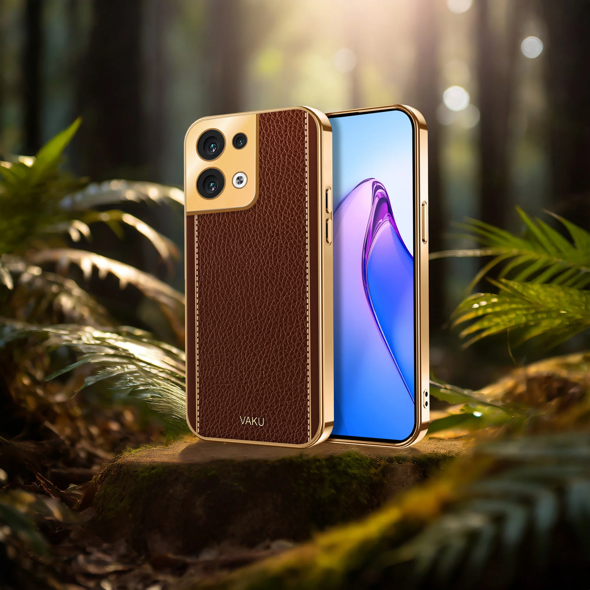 Vaku ® Oppo Reno8 5G Luxemberg Series Leather Stitched Gold Electroplated Soft TPU Back Cover - Image 14