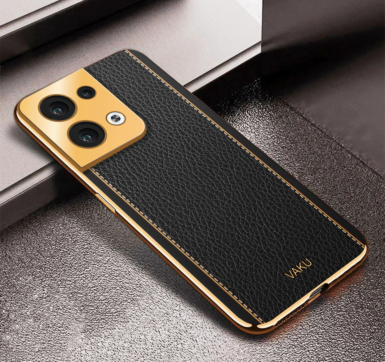 Vaku ® Oppo Reno8 5G Luxemberg Series Leather Stitched Gold Electroplated Soft TPU Back Cover - Image 5