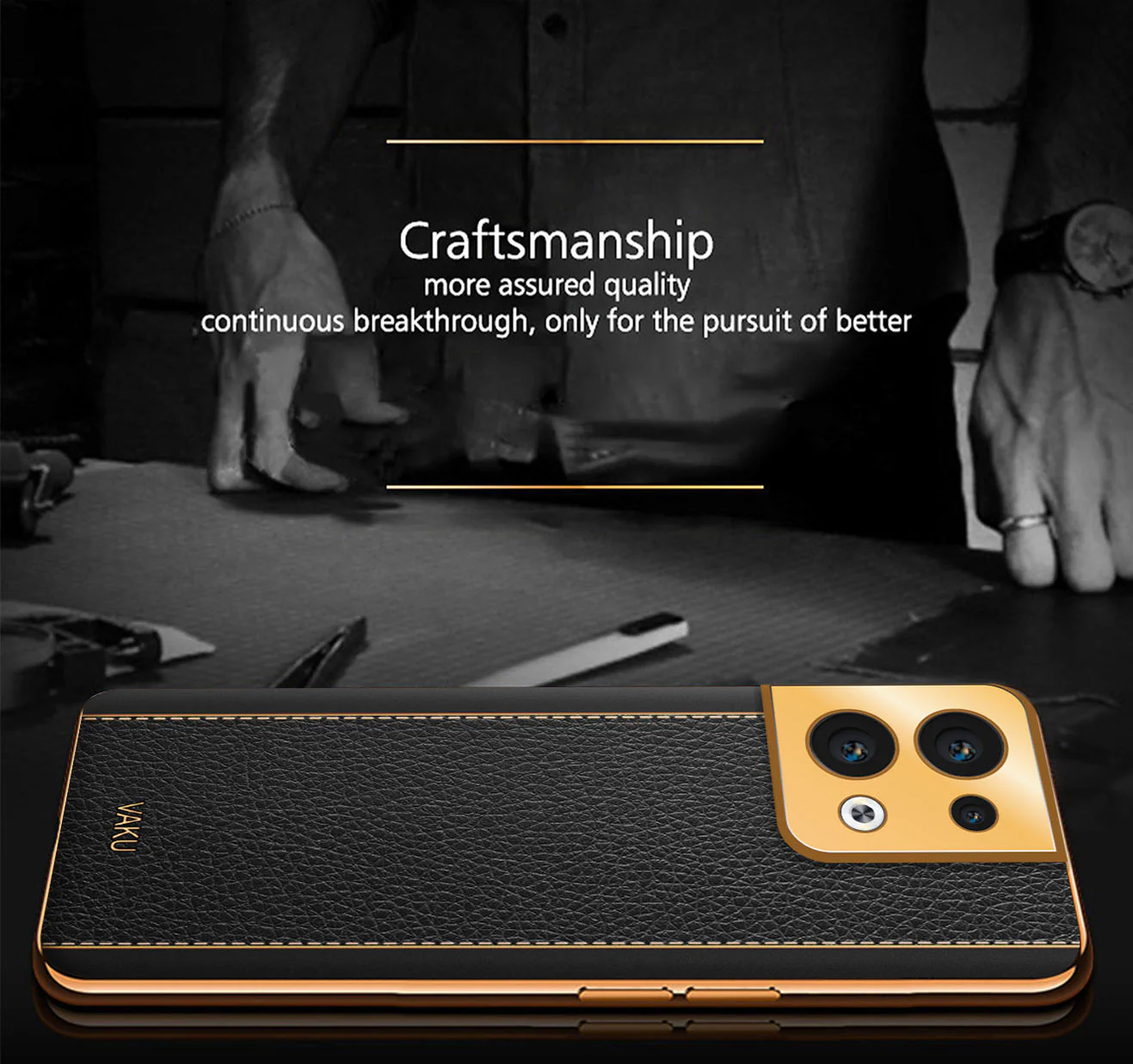 Vaku ® Oppo Reno8 5G Luxemberg Series Leather Stitched Gold Electroplated Soft TPU Back Cover - Image 7