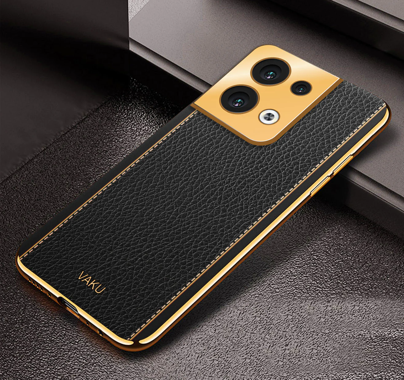 Vaku ® Oppo Reno8 5G Luxemberg Series Leather Stitched Gold Electroplated Soft TPU Back Cover - Image 8