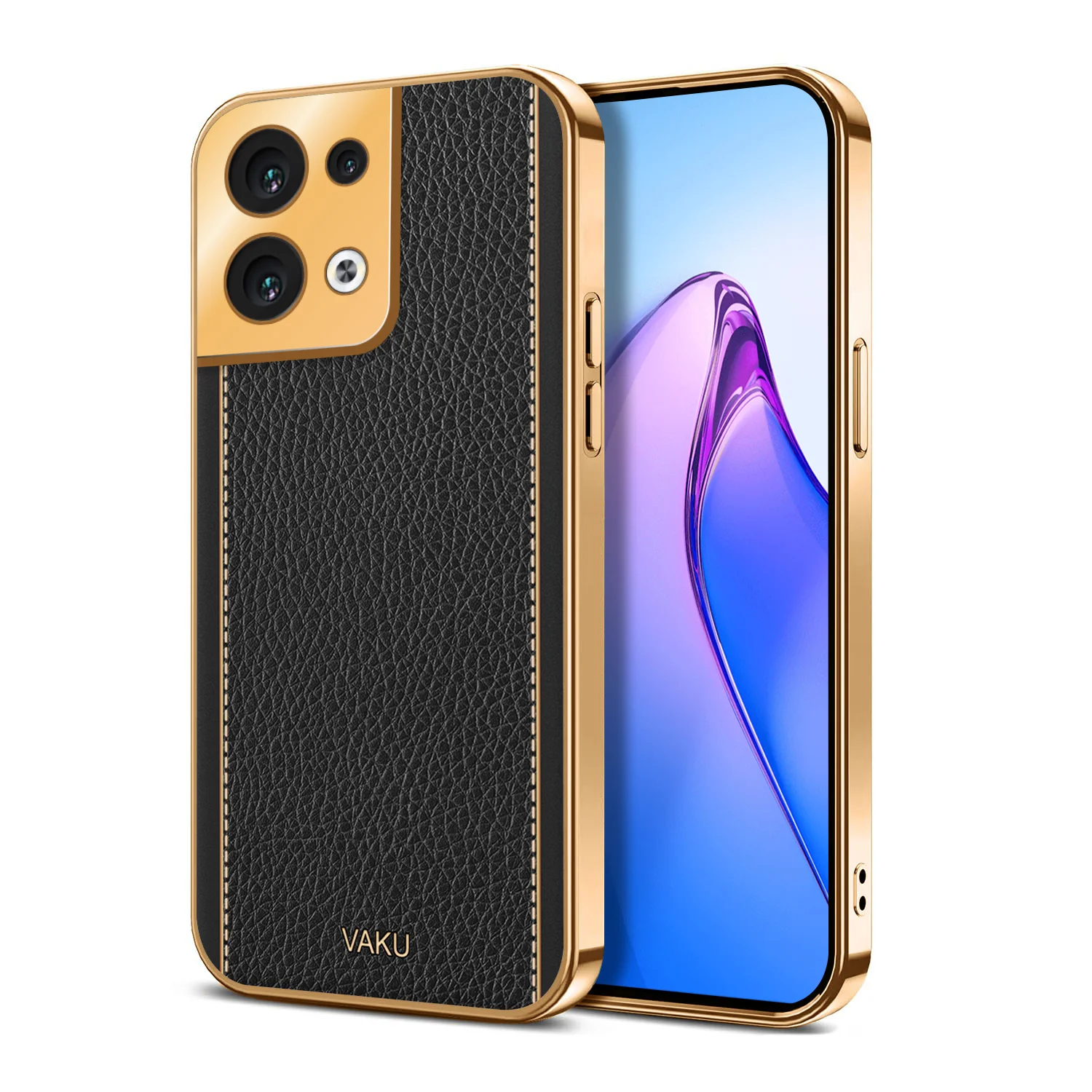 Vaku ® Oppo Reno8 5G Luxemberg Series Leather Stitched Gold Electroplated Soft TPU Back Cover - Image 9