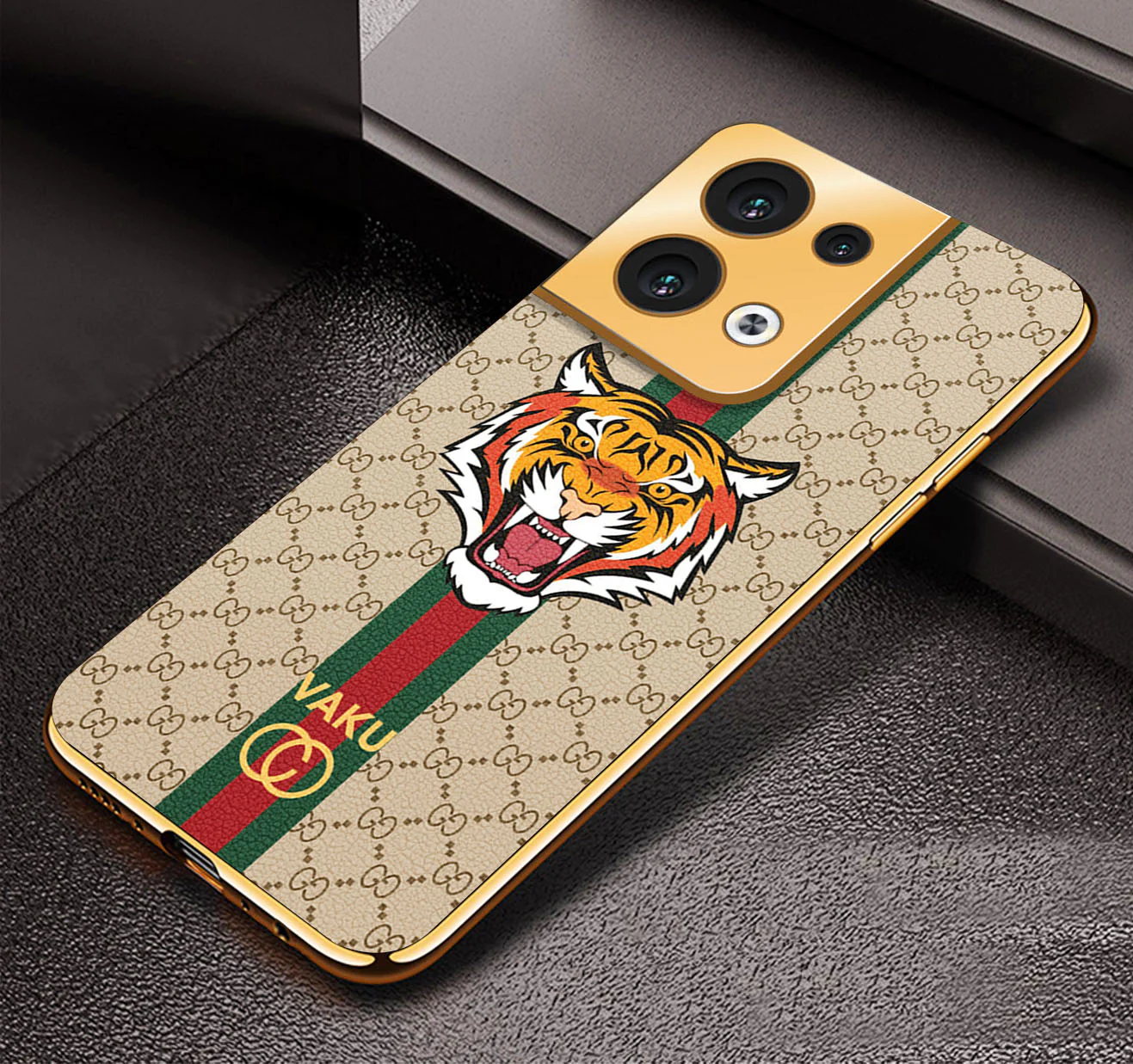 Vaku® Oppo Reno8 5G Lynx Designer Leather Pattern Gold Electroplated Soft TPU Back Cover Case
