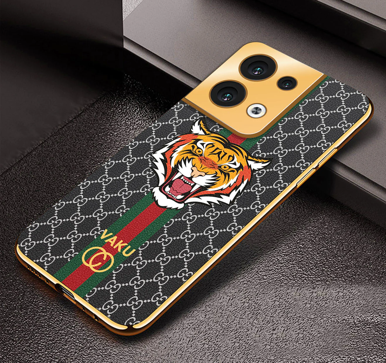Vaku® Oppo Reno8 5G Lynx Designer Leather Pattern Gold Electroplated Soft TPU Back Cover Case - Image 3