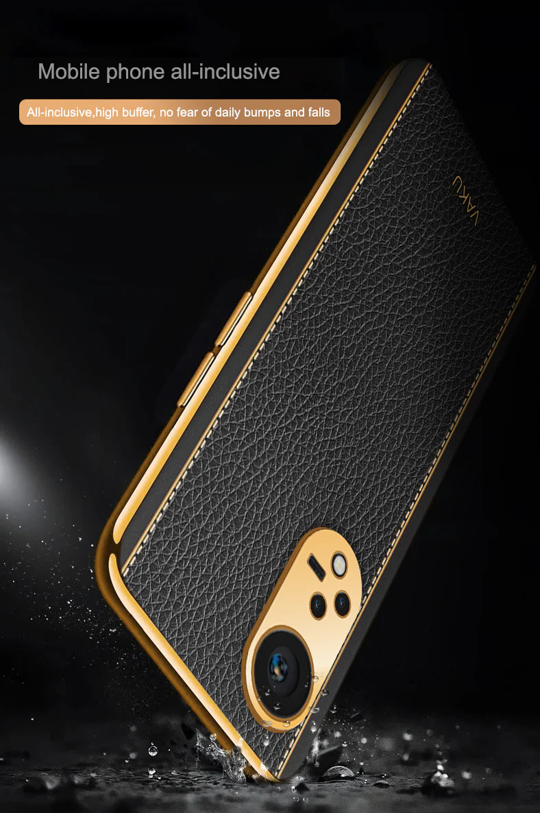 Vaku® Oppo Reno8T 5G Luxemberg Series Leather Stitched Gold Electroplated Soft TPU Back Cover - Image 10
