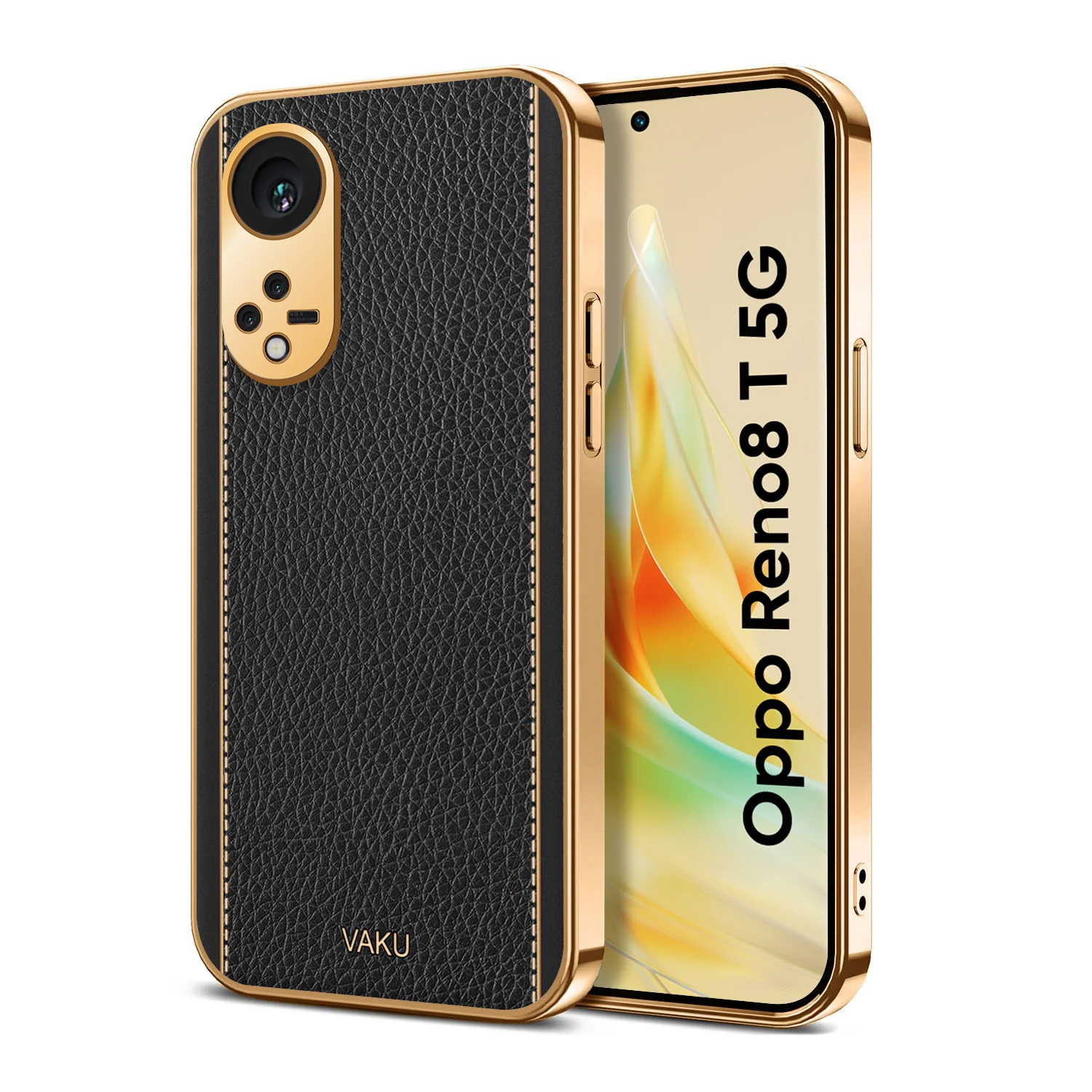 Vaku® Oppo Reno8T 5G Luxemberg Series Leather Stitched Gold Electroplated Soft TPU Back Cover - Image 11