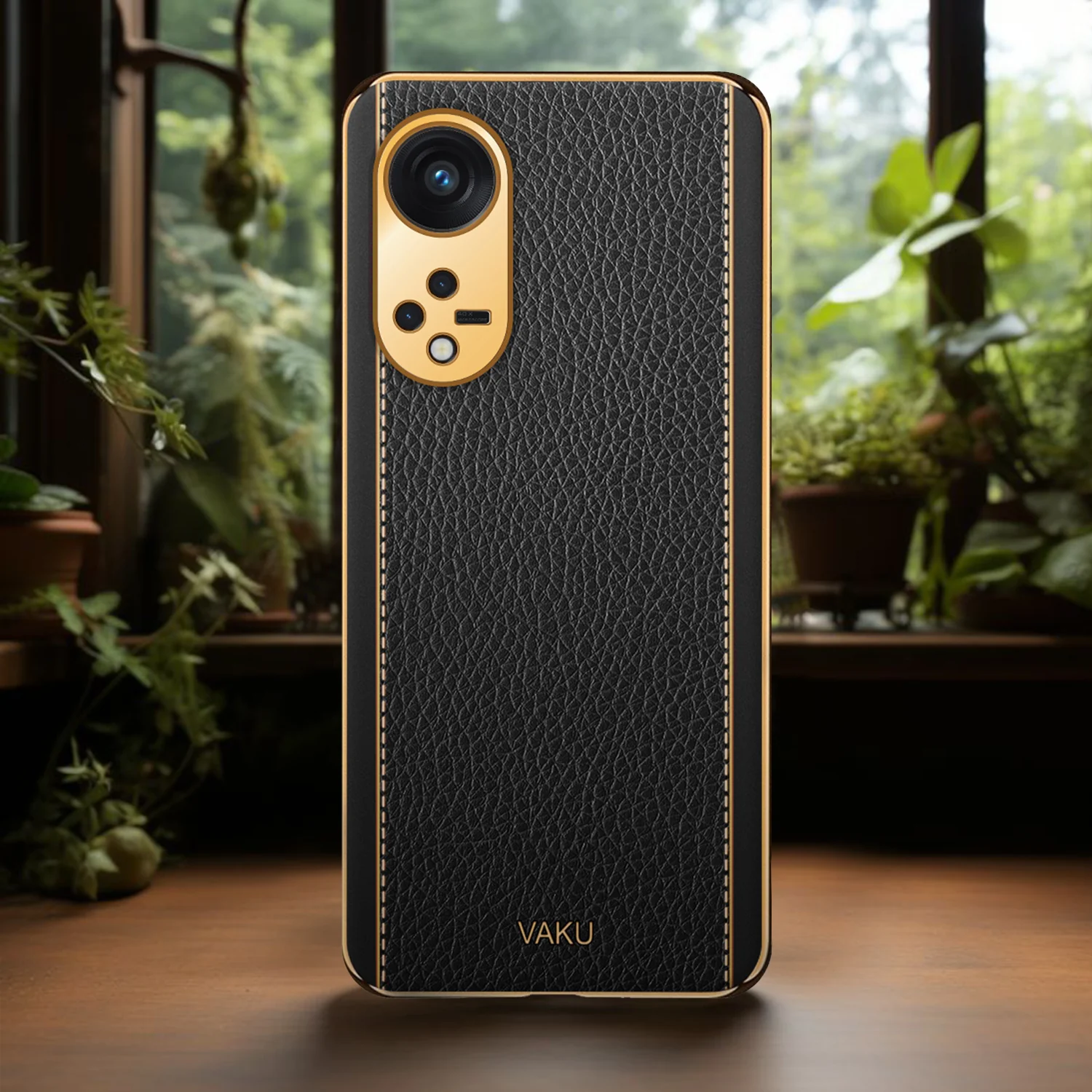Vaku® Oppo Reno8T 5G Luxemberg Series Leather Stitched Gold Electroplated Soft TPU Back Cover - Image 12