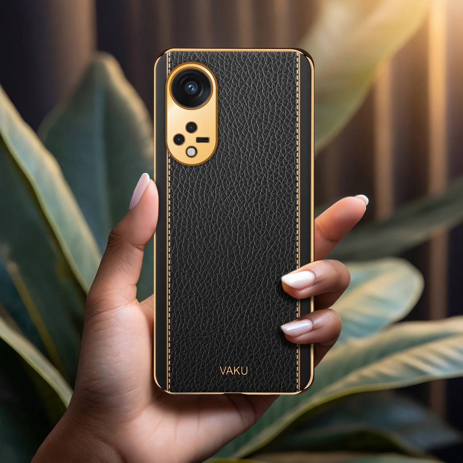 Vaku® Oppo Reno8T 5G Luxemberg Series Leather Stitched Gold Electroplated Soft TPU Back Cover - Image 13