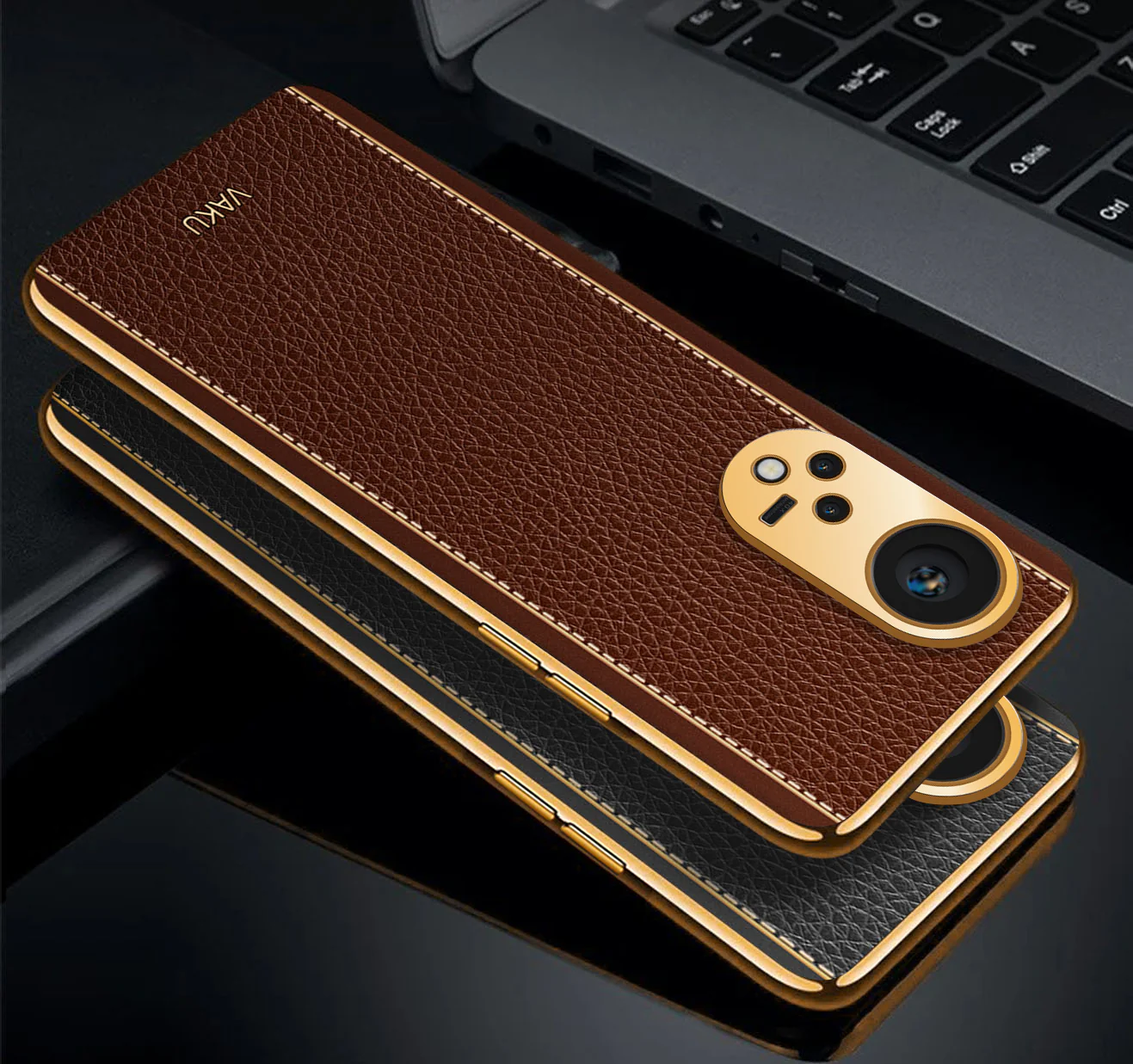 Vaku® Oppo Reno8T 5G Luxemberg Series Leather Stitched Gold Electroplated Soft TPU Back Cover - Image 16