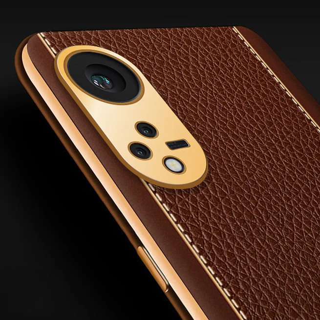 Vaku® Oppo Reno8T 5G Luxemberg Series Leather Stitched Gold Electroplated Soft TPU Back Cover - Image 2