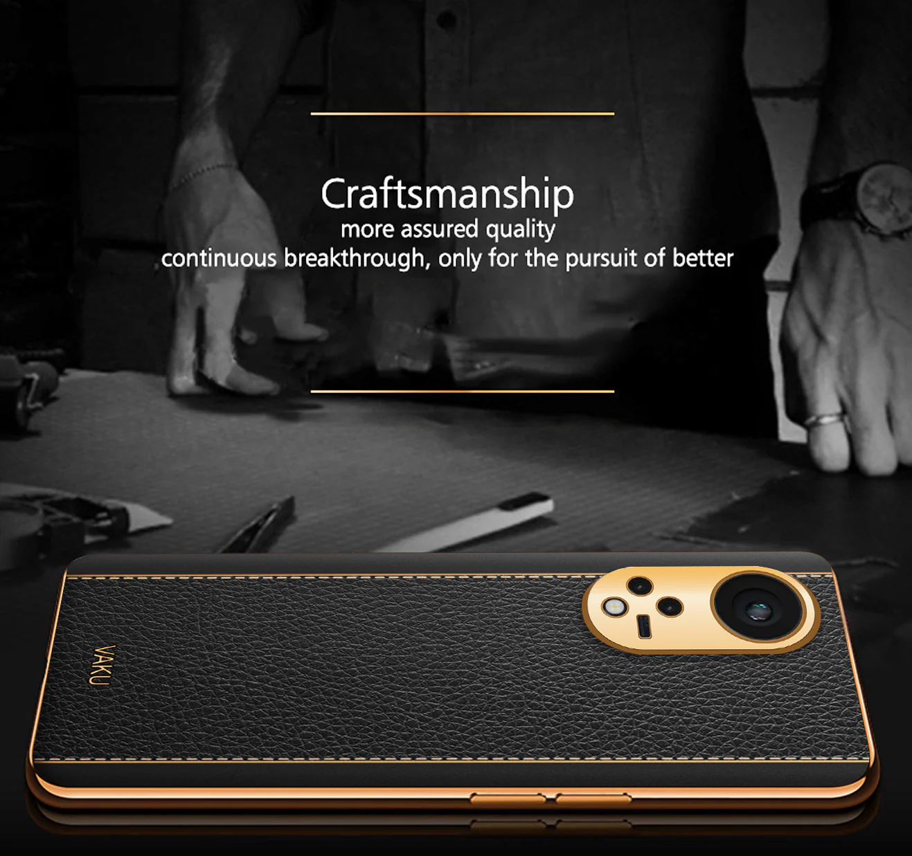 Vaku® Oppo Reno8T 5G Luxemberg Series Leather Stitched Gold Electroplated Soft TPU Back Cover - Image 4