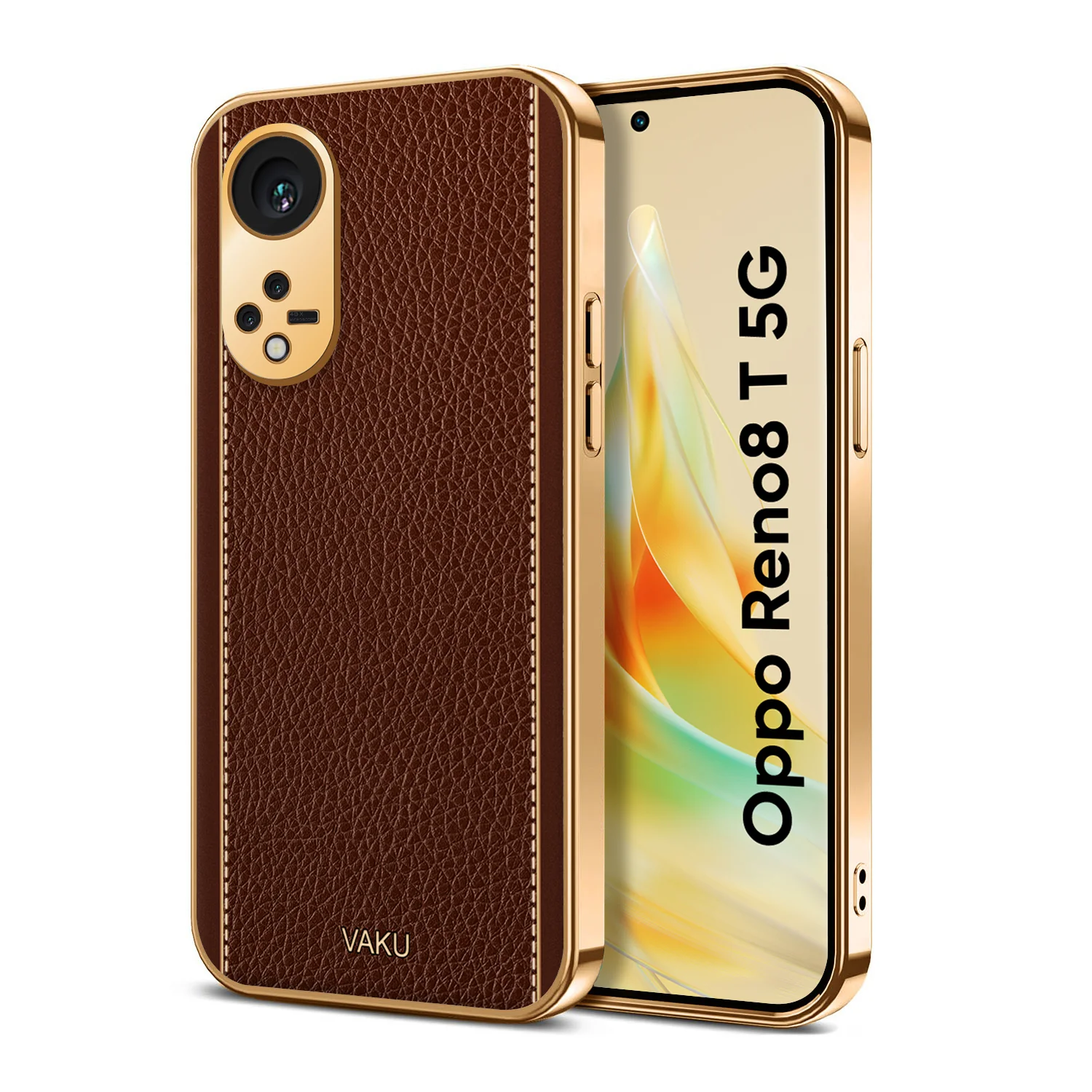 Vaku® Oppo Reno8T 5G Luxemberg Series Leather Stitched Gold Electroplated Soft TPU Back Cover - Image 6