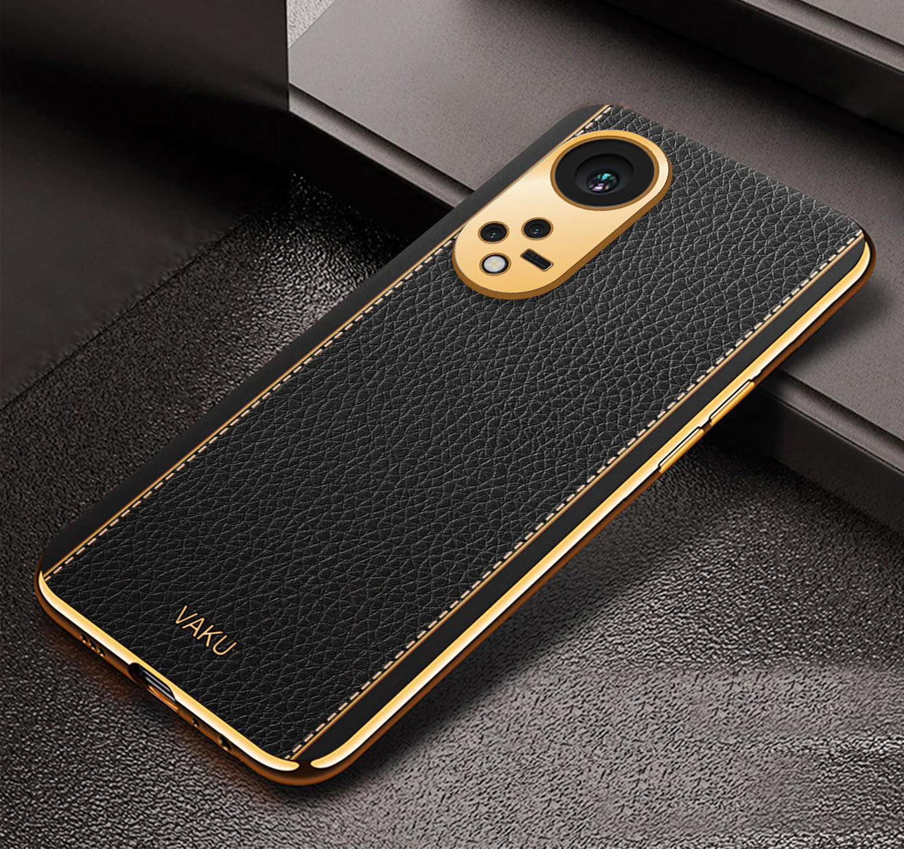 Vaku® Oppo Reno8T 5G Luxemberg Series Leather Stitched Gold Electroplated Soft TPU Back Cover - Image 7