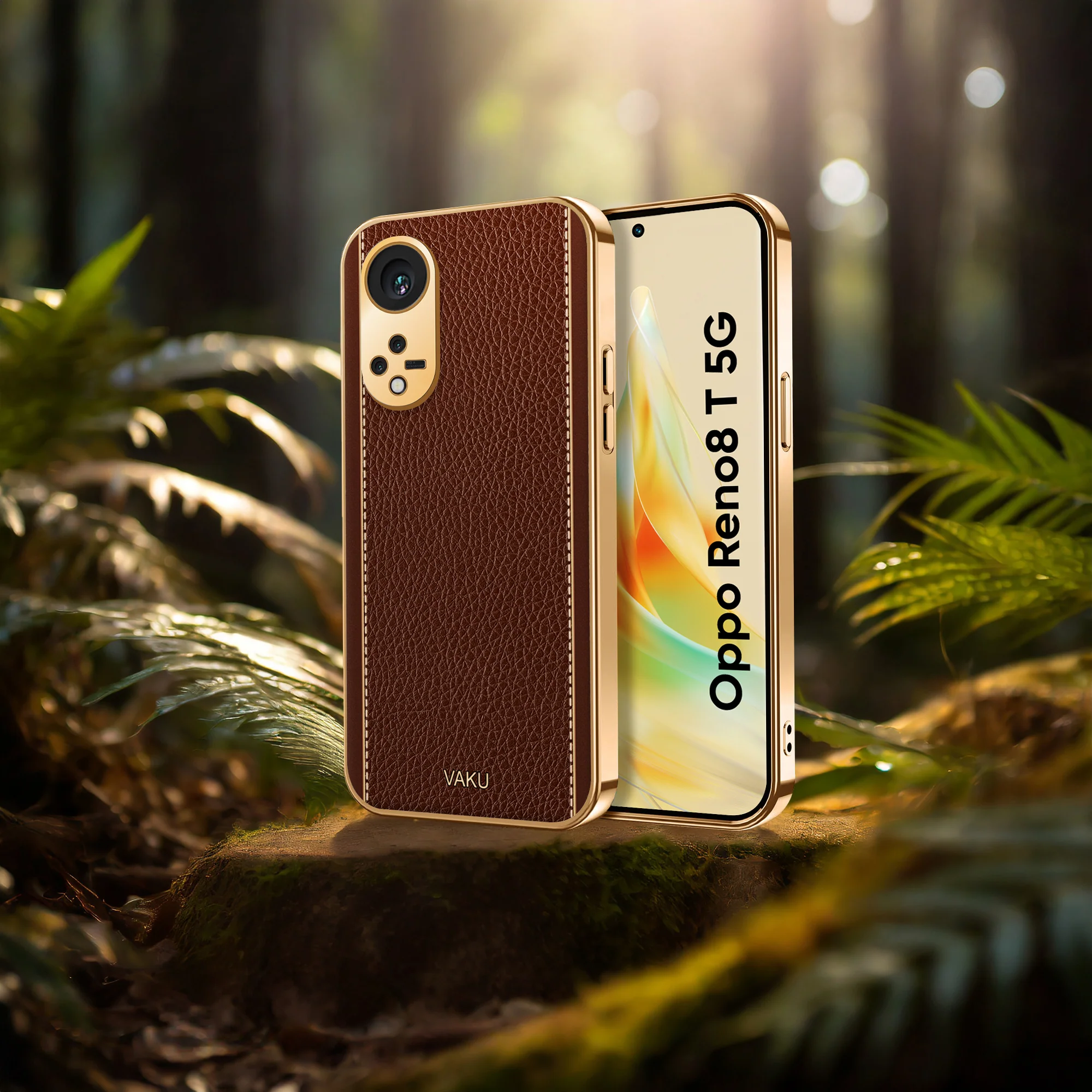 Vaku® Oppo Reno8T 5G Luxemberg Series Leather Stitched Gold Electroplated Soft TPU Back Cover - Image 8