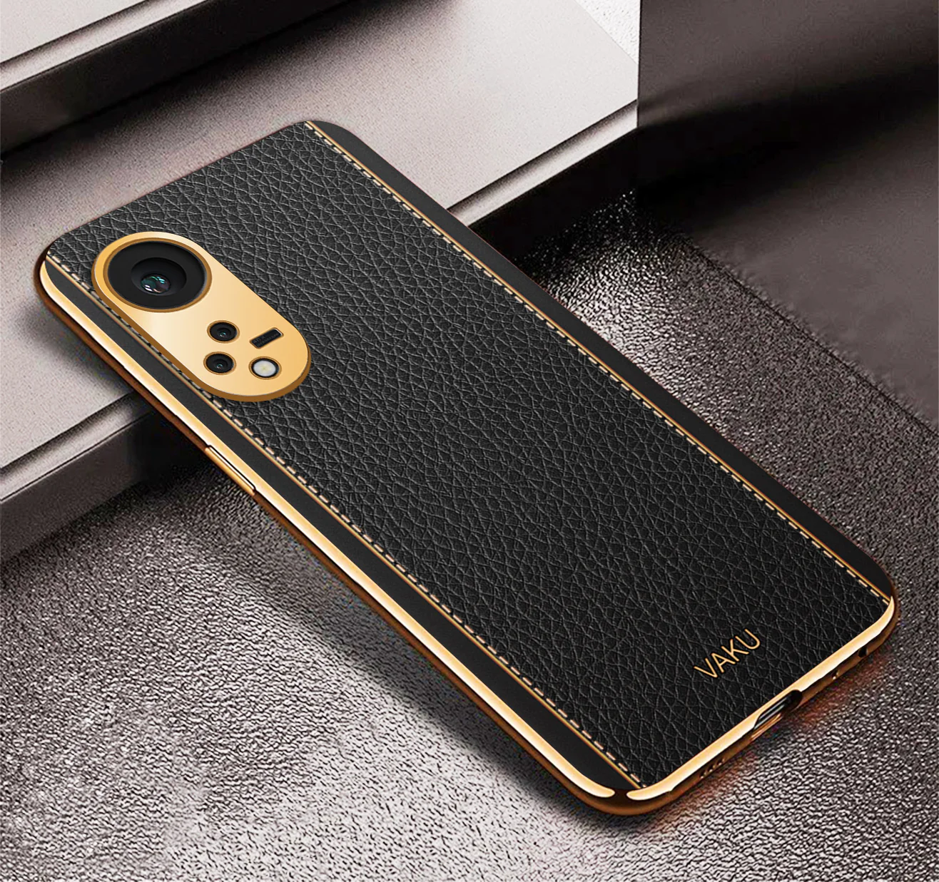 Vaku® Oppo Reno8T 5G Luxemberg Series Leather Stitched Gold Electroplated Soft TPU Back Cover - Image 9